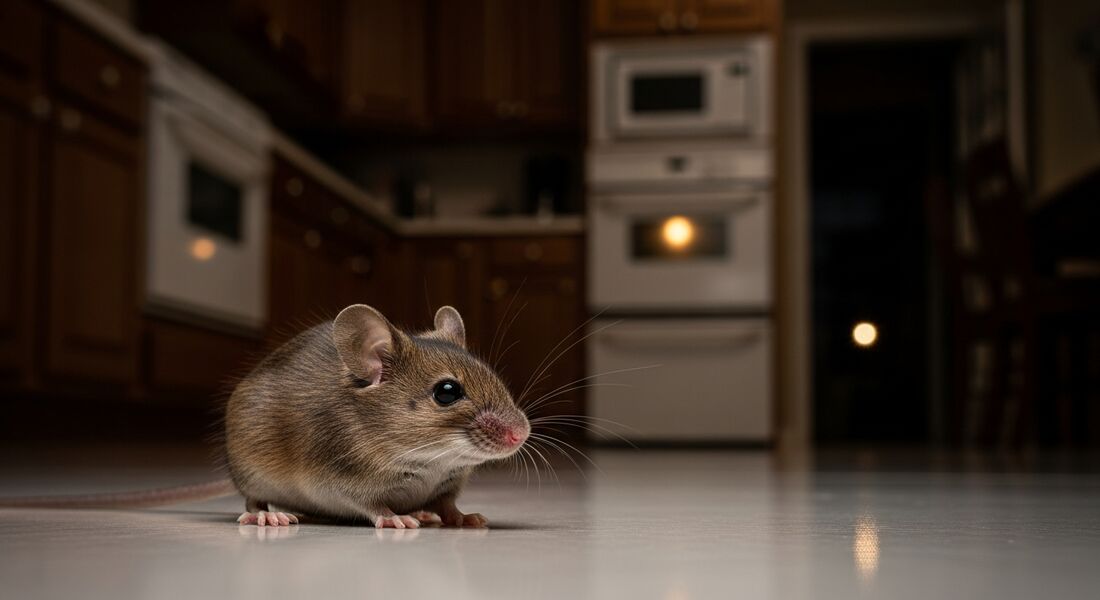 A house mouse on a kitchen floor at night