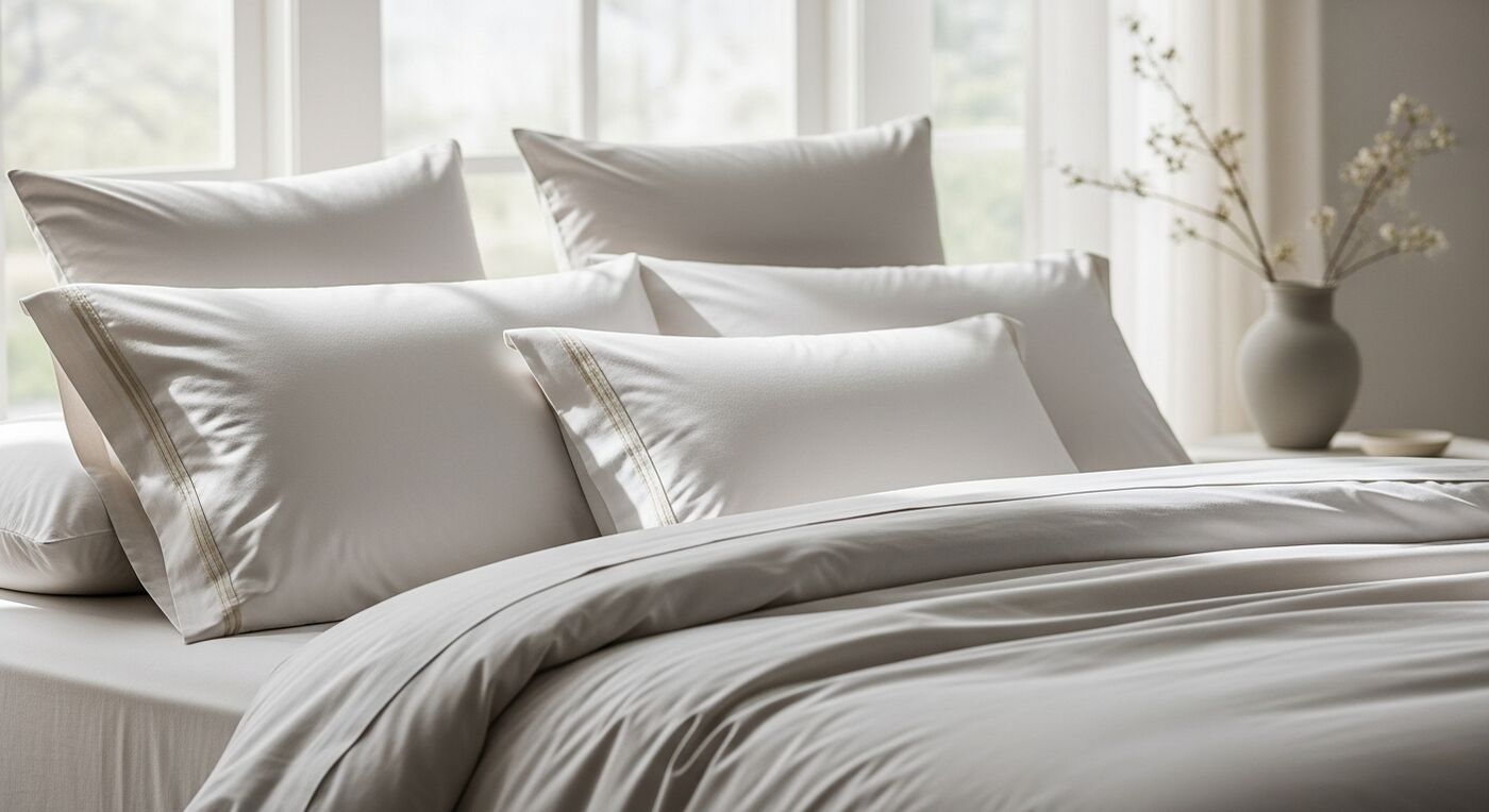 Neatly made bed with crisp white cotton sheets and pillows